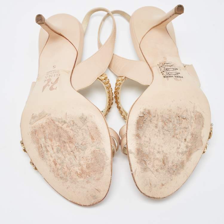 Pre Owned Gina Beige Leather Embellished Slingback Sandals Size 38
