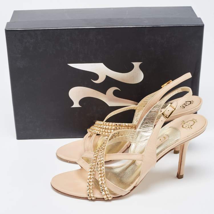 Pre Owned Gina Beige Leather Embellished Slingback Sandals Size 38