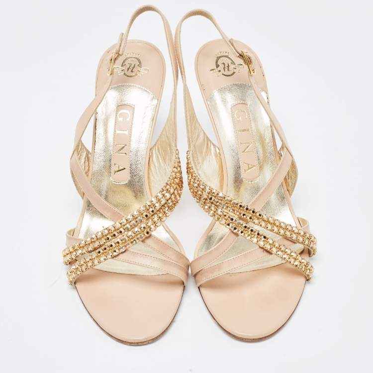 Pre Owned Gina Beige Leather Embellished Slingback Sandals Size 38