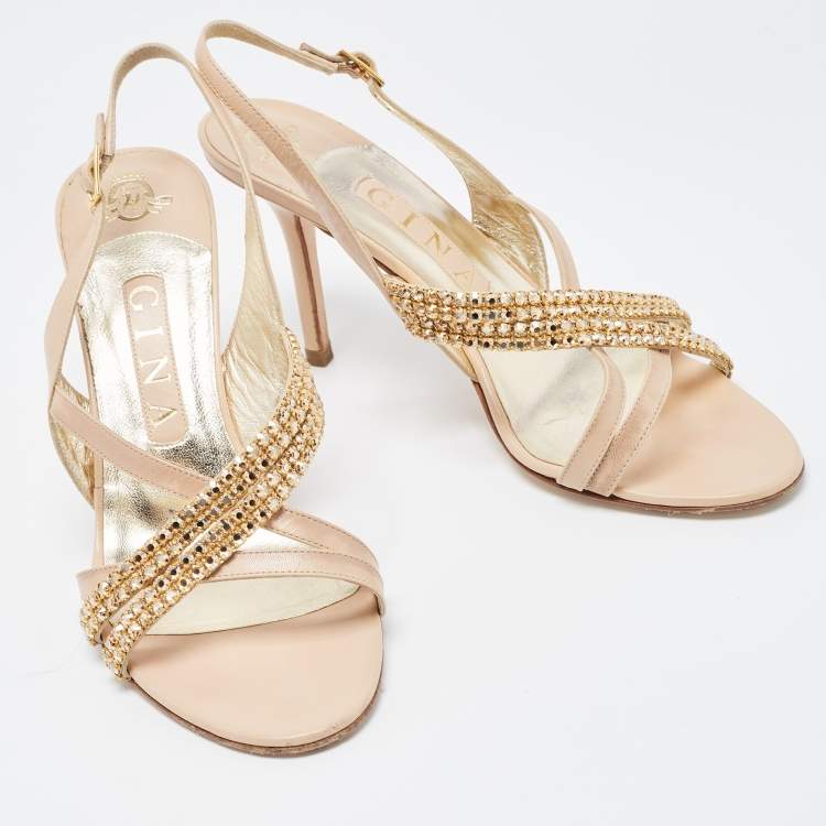 Pre Owned Gina Beige Leather Embellished Slingback Sandals Size 38
