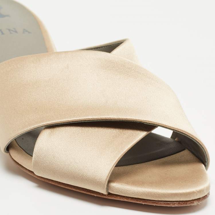 Pre Owned Gina Beige Satin Crystal Embellished Block Slide Sandals Size 36.5