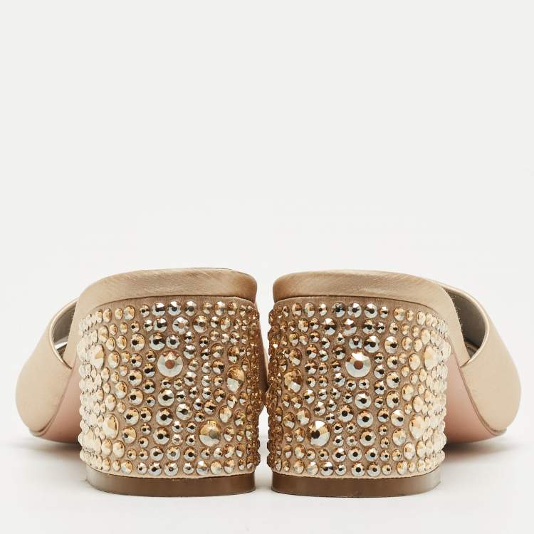Pre Owned Gina Beige Satin Crystal Embellished Block Slide Sandals Size 36.5