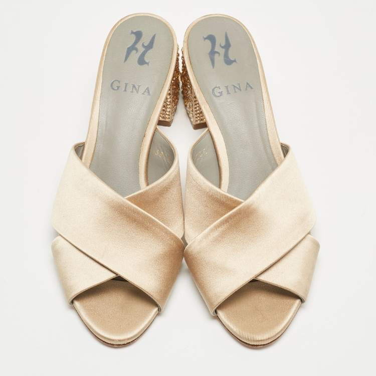 Pre Owned Gina Beige Satin Crystal Embellished Block Slide Sandals Size 36.5
