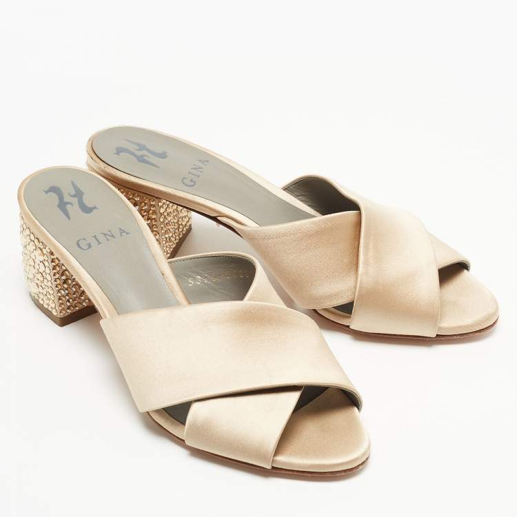 Pre Owned Gina Beige Satin Crystal Embellished Block Slide Sandals Size 36.5