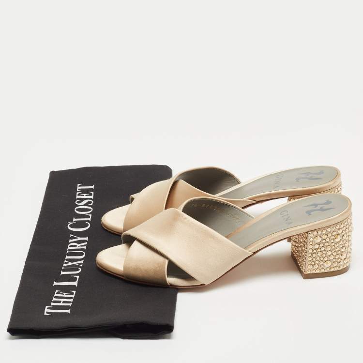 Pre Owned Gina Beige Satin Crystal Embellished Block Slide Sandals Size 36.5