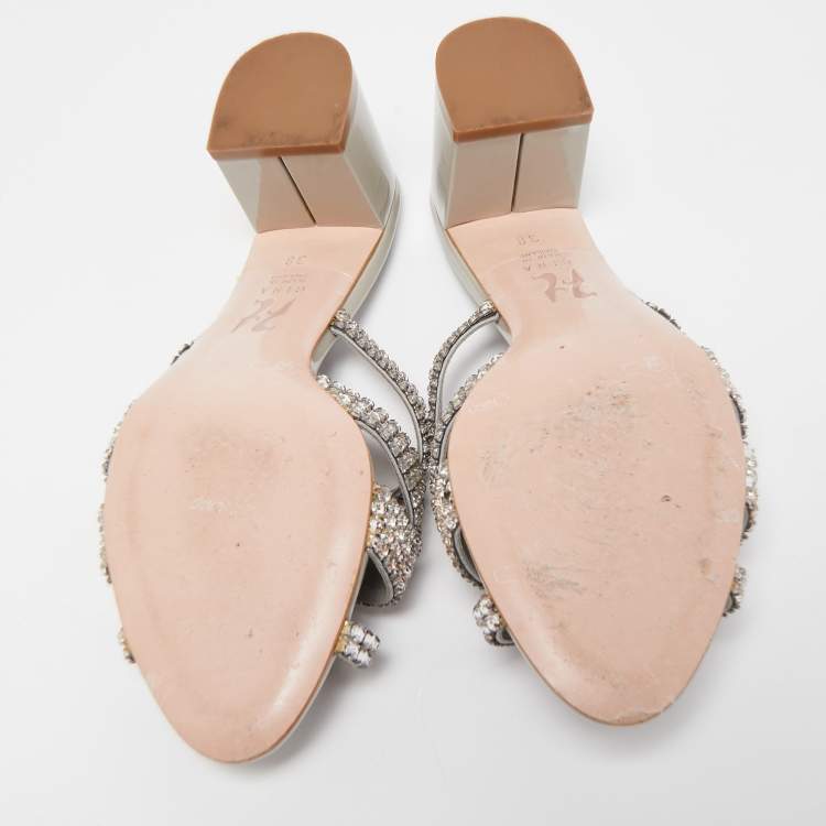 Pre Owned Gina Silver/Grey Leather Crystal Embellished Slide Sandals Size 38