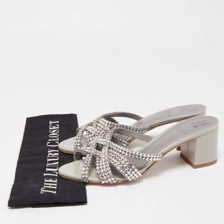 Pre Owned Gina Silver/Grey Leather Crystal Embellished Slide Sandals Size 38