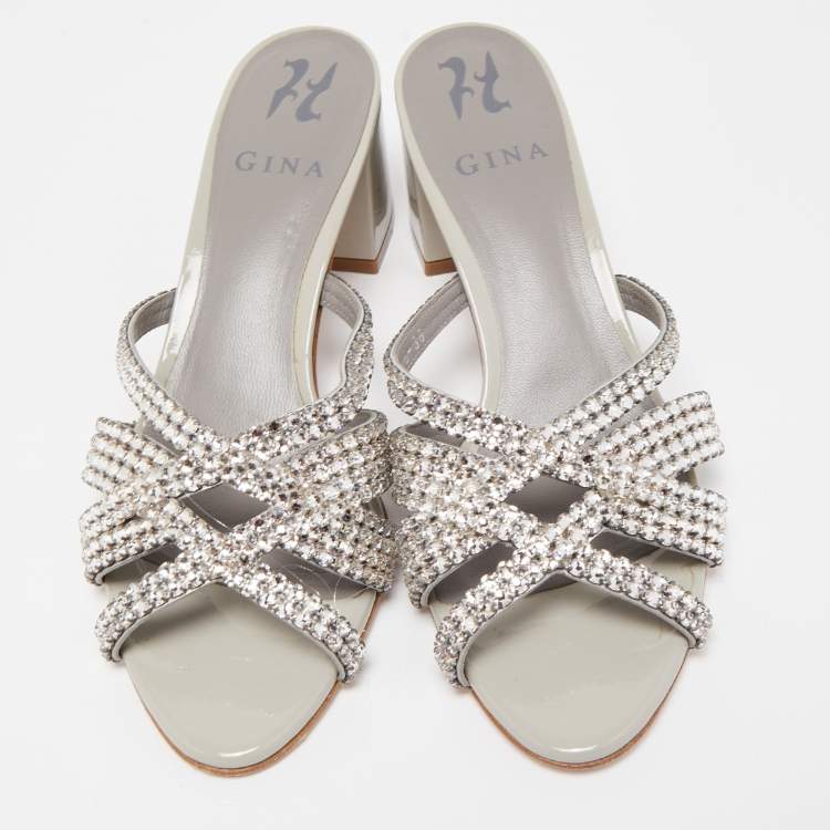 Pre Owned Gina Silver/Grey Leather Crystal Embellished Slide Sandals Size 38