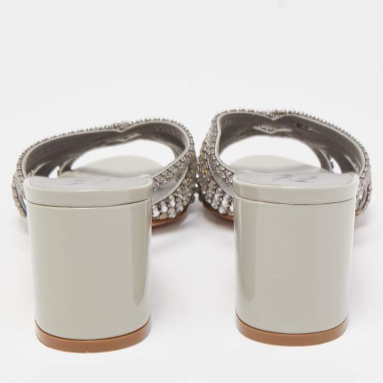 Pre Owned Gina Silver/Grey Leather Crystal Embellished Slide Sandals Size 38