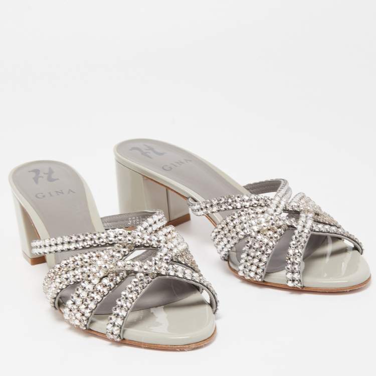 Pre Owned Gina Silver/Grey Leather Crystal Embellished Slide Sandals Size 38