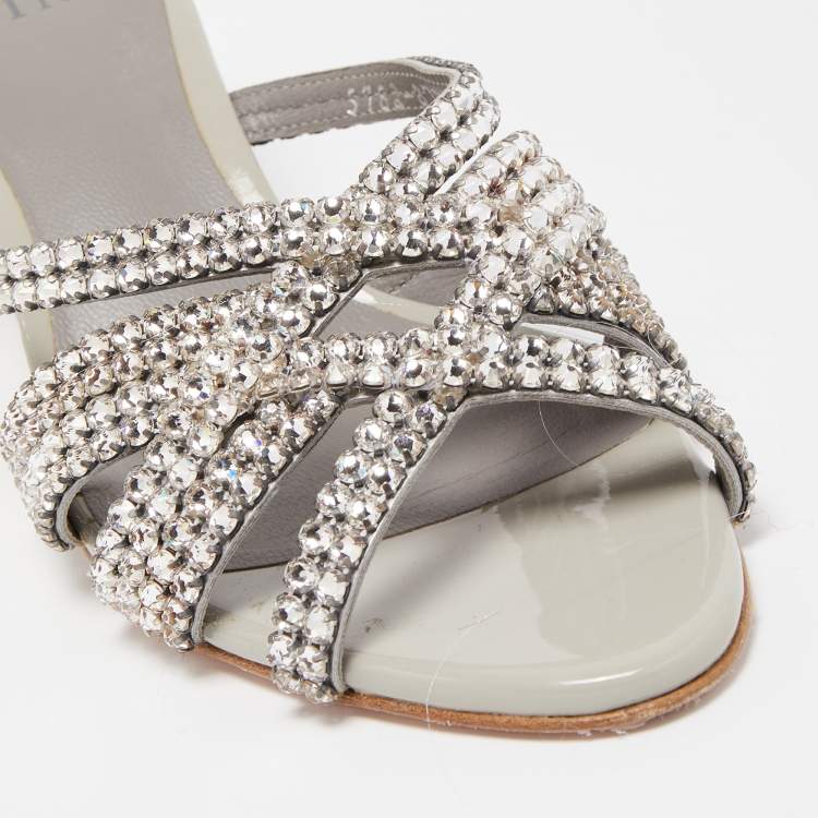 Pre Owned Gina Silver/Grey Leather Crystal Embellished Slide Sandals Size 38