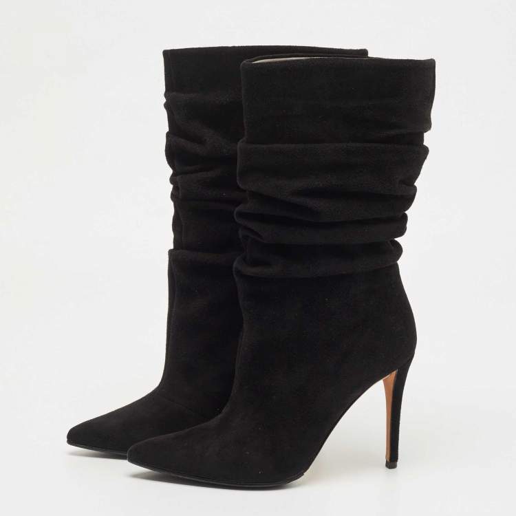 Pre Owned Gina Black Suede Mid Calf Pointed Toe Booties Size 36.5