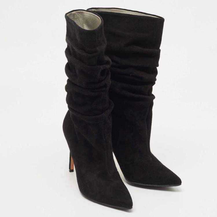 Pre Owned Gina Black Suede Mid Calf Pointed Toe Booties Size 36.5