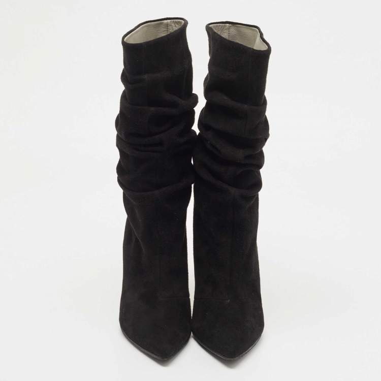Pre Owned Gina Black Suede Mid Calf Pointed Toe Booties Size 36.5