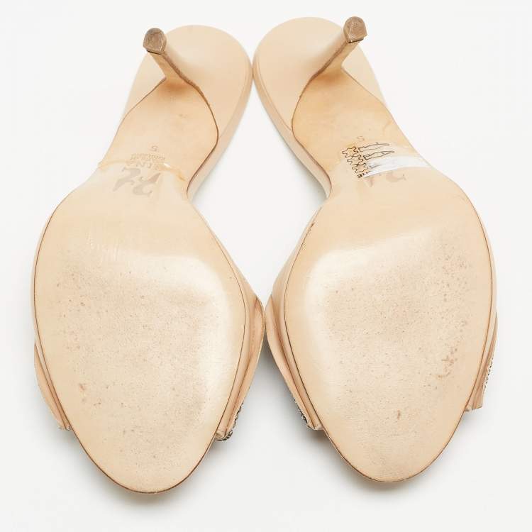 Pre Owned Gina Beige Leather Crystal Embellished Bow Slide Sandals Size 38