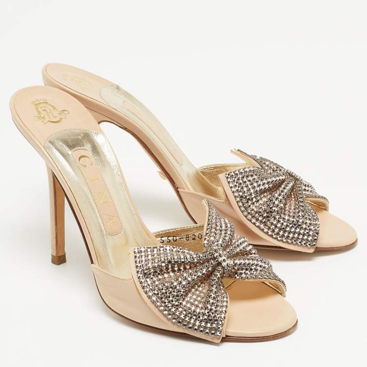 Pre Owned Gina Beige Leather Crystal Embellished Bow Slide Sandals Size 38