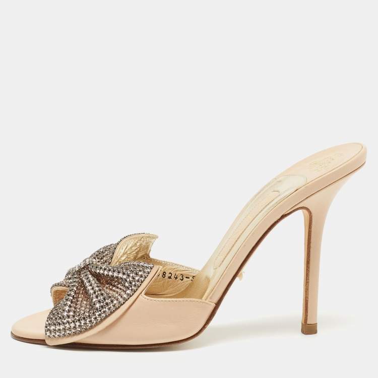 Pre Owned Gina Beige Leather Crystal Embellished Bow Slide Sandals Size 38