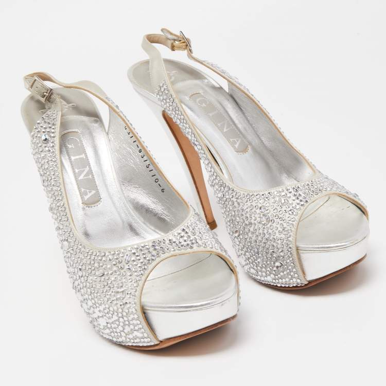 Pre Owned Gina Silver Crystal Embellished Satin Peep Toe Platform Slingback Sandals Size 39
