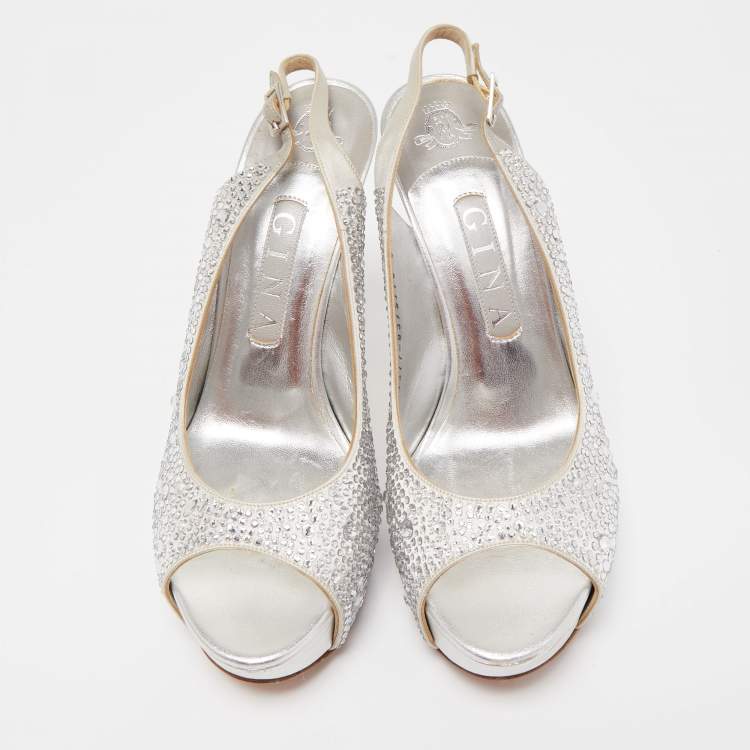 Pre Owned Gina Silver Crystal Embellished Satin Peep Toe Platform Slingback Sandals Size 39