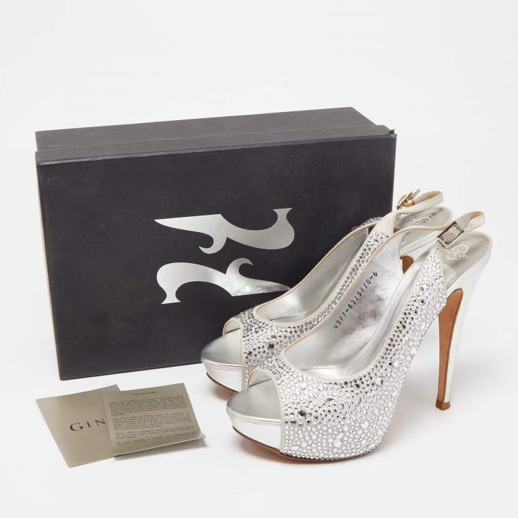 Pre Owned Gina Silver Crystal Embellished Satin Peep Toe Platform Slingback Sandals Size 39