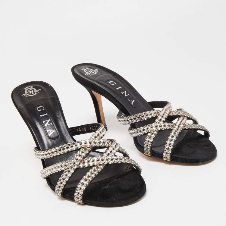 Pre Owned Gina Black Crystal Embellished Leather Strappy Slide Sandals Size 39.5