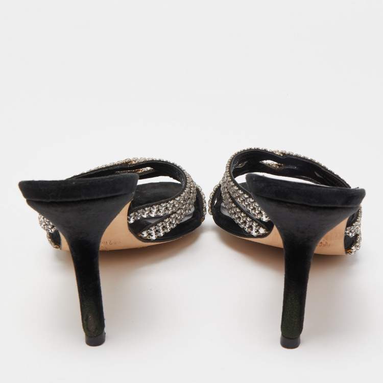 Pre Owned Gina Black Crystal Embellished Leather Strappy Slide Sandals Size 39.5