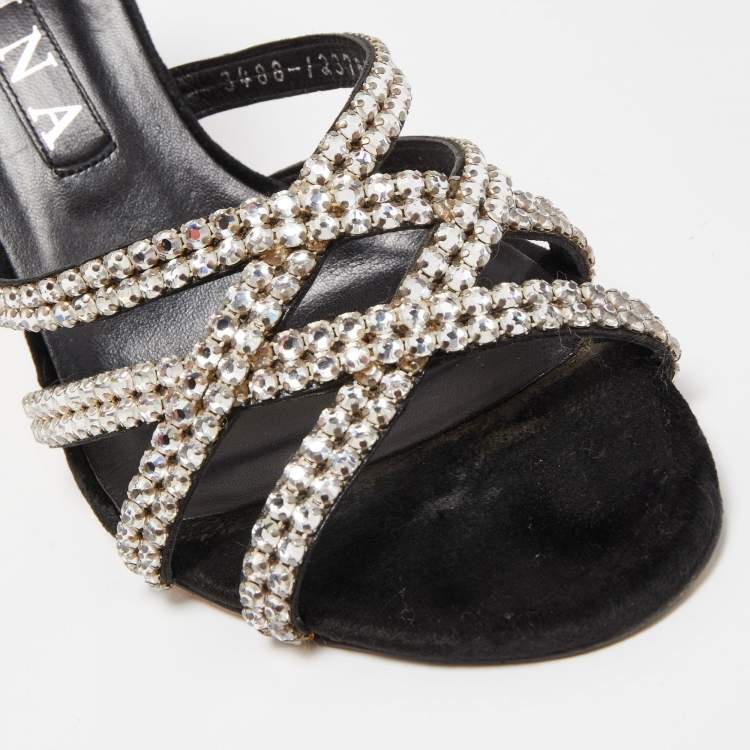 Pre Owned Gina Black Crystal Embellished Leather Strappy Slide Sandals Size 39.5