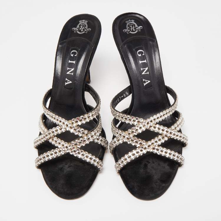 Pre Owned Gina Black Crystal Embellished Leather Strappy Slide Sandals Size 39.5