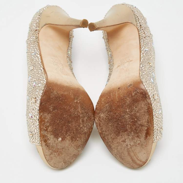 Pre Owned Gina Metallic Beige Crystal Embellished Satin Peep Toe Platform Pumps Size 39.5