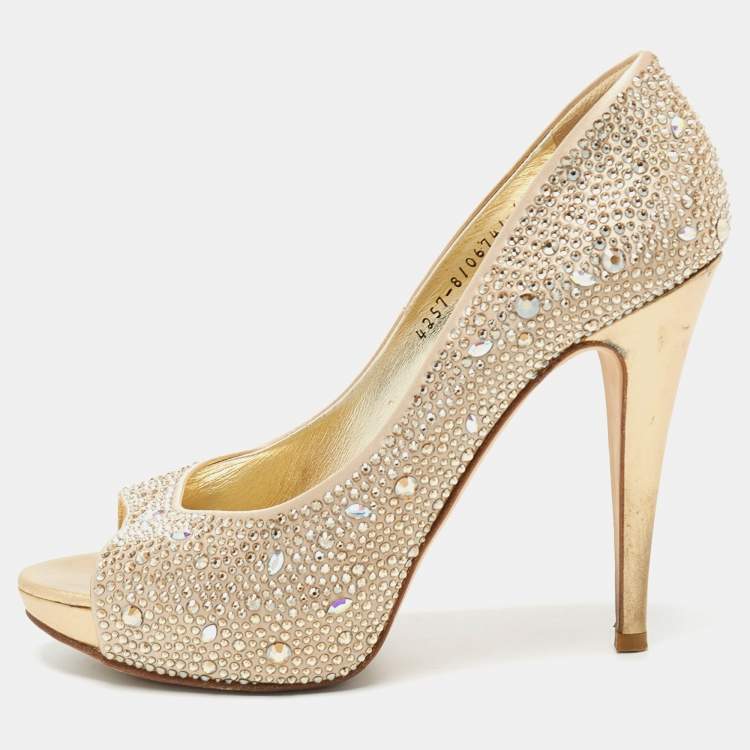 Pre Owned Gina Metallic Beige Crystal Embellished Satin Peep Toe Platform Pumps Size 39.5
