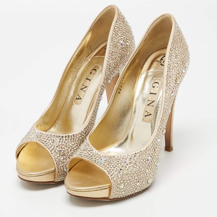 Pre Owned Gina Metallic Beige Crystal Embellished Satin Peep Toe Platform Pumps Size 39.5
