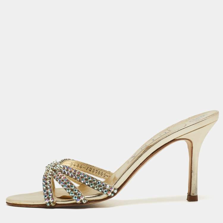 Pre Owned Gina Gold Crystal Embellished Leather Knotted Slide Sandals Size 39.5
