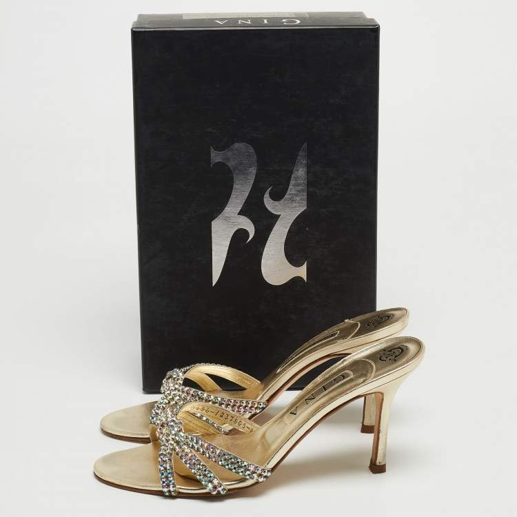 Pre Owned Gina Gold Crystal Embellished Leather Knotted Slide Sandals Size 39.5