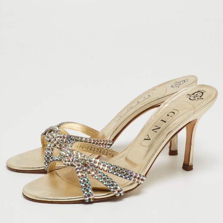 Pre Owned Gina Gold Crystal Embellished Leather Knotted Slide Sandals Size 39.5