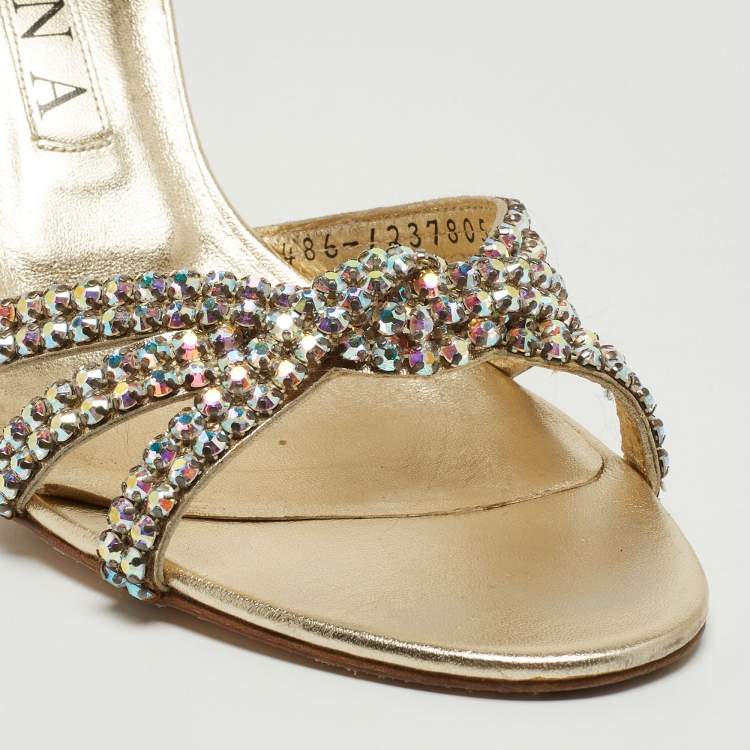 Pre Owned Gina Gold Crystal Embellished Leather Knotted Slide Sandals Size 39.5