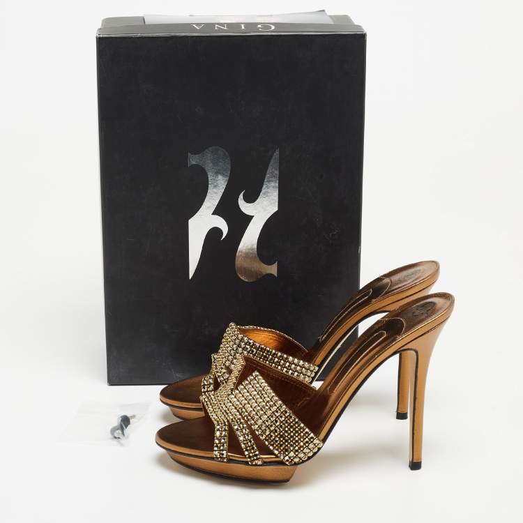 Pre Owned Gina Metallic Gold Crystal Embellished Leather Open Toe Slide Sandals Size 39.5