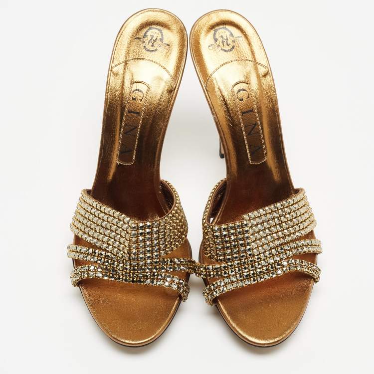 Pre Owned Gina Metallic Gold Crystal Embellished Leather Open Toe Slide Sandals Size 39.5