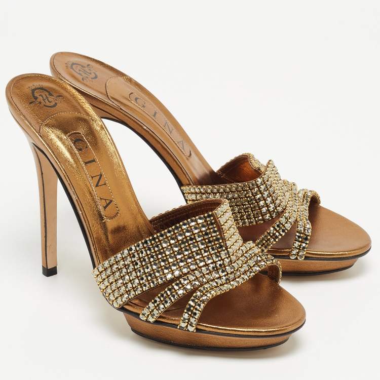 Pre Owned Gina Metallic Gold Crystal Embellished Leather Open Toe Slide Sandals Size 39.5