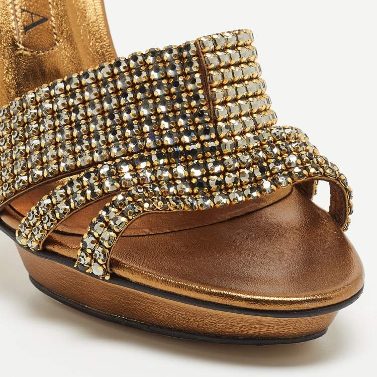 Pre Owned Gina Metallic Gold Crystal Embellished Leather Open Toe Slide Sandals Size 39.5