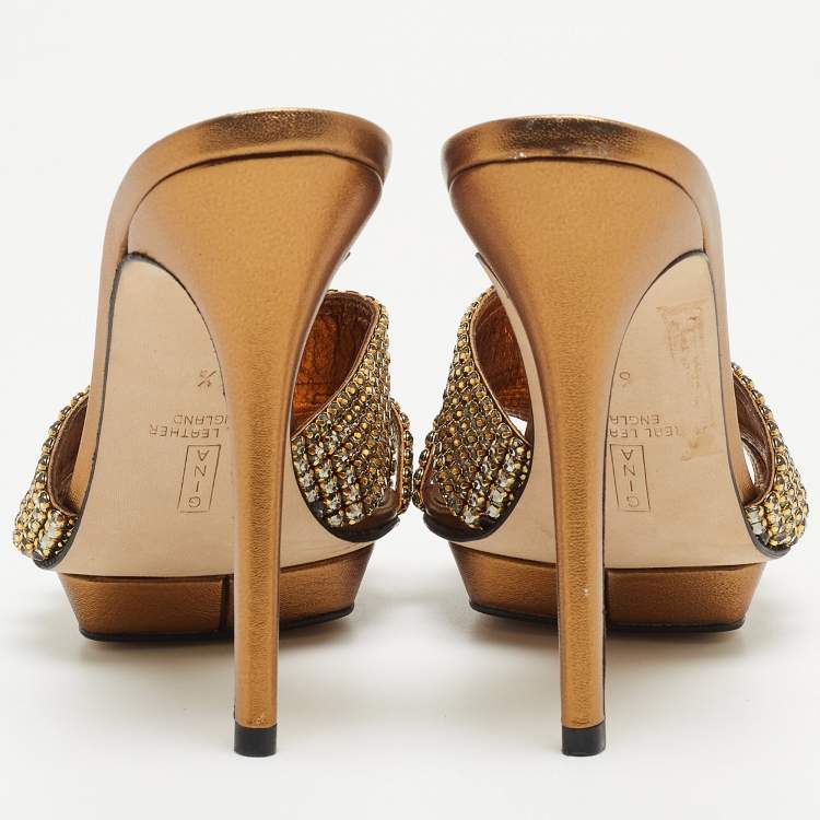 Pre Owned Gina Metallic Gold Crystal Embellished Leather Open Toe Slide Sandals Size 39.5
