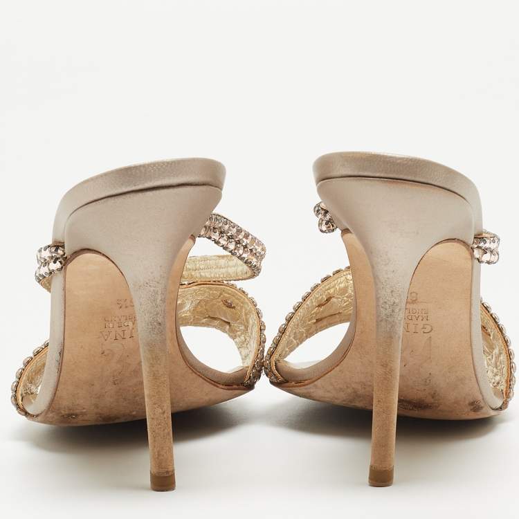 Pre Owned Gina Pink Crystal Embellished Leather Slide Sandals Size 38.5