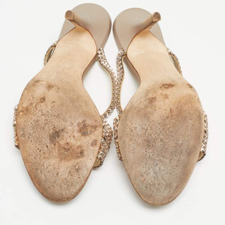 Pre Owned Gina Pink Crystal Embellished Leather Slide Sandals Size 38.5