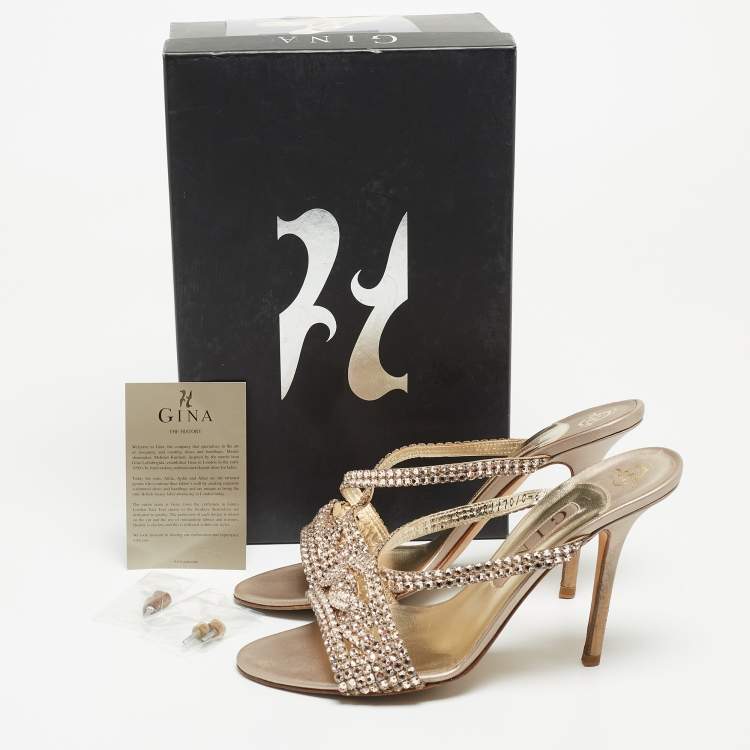 Pre Owned Gina Pink Crystal Embellished Leather Slide Sandals Size 38.5