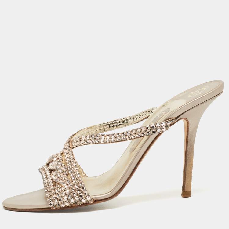 Pre Owned Gina Pink Crystal Embellished Leather Slide Sandals Size 38.5