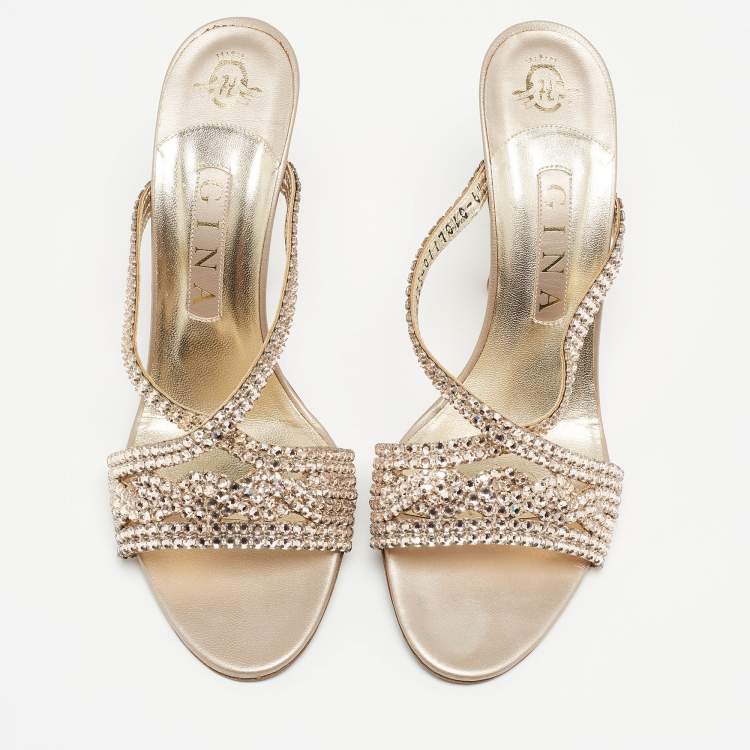 Pre Owned Gina Pink Crystal Embellished Leather Slide Sandals Size 38.5