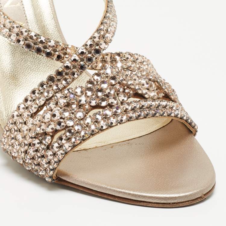 Pre Owned Gina Pink Crystal Embellished Leather Slide Sandals Size 38.5