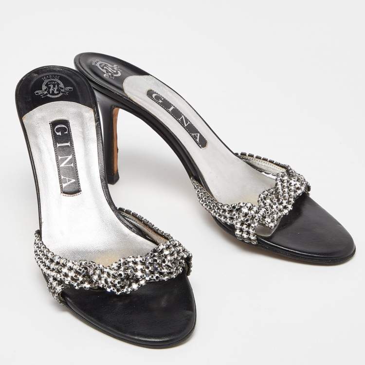 Pre Owned Gina Silver/Black Crystal Embellished Leather Slide Sandals Size 38