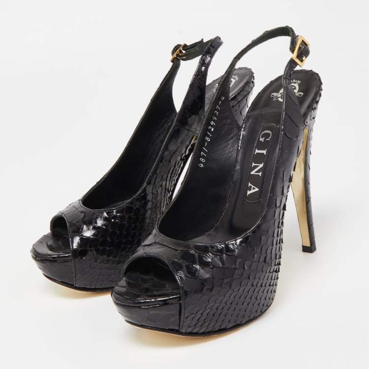 Pre Owned Gina Black Python Leather Slingback Pumps Size 37