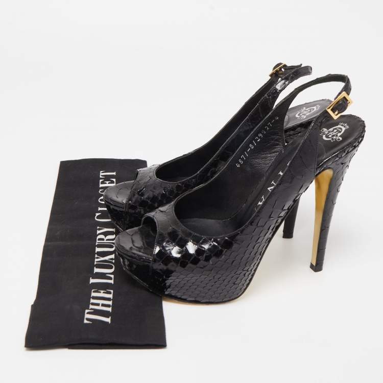 Pre Owned Gina Black Python Leather Slingback Pumps Size 37