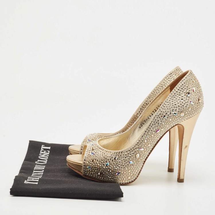 Pre Owned Gina Gold Satin Crystal Embellished Pumps 36.5